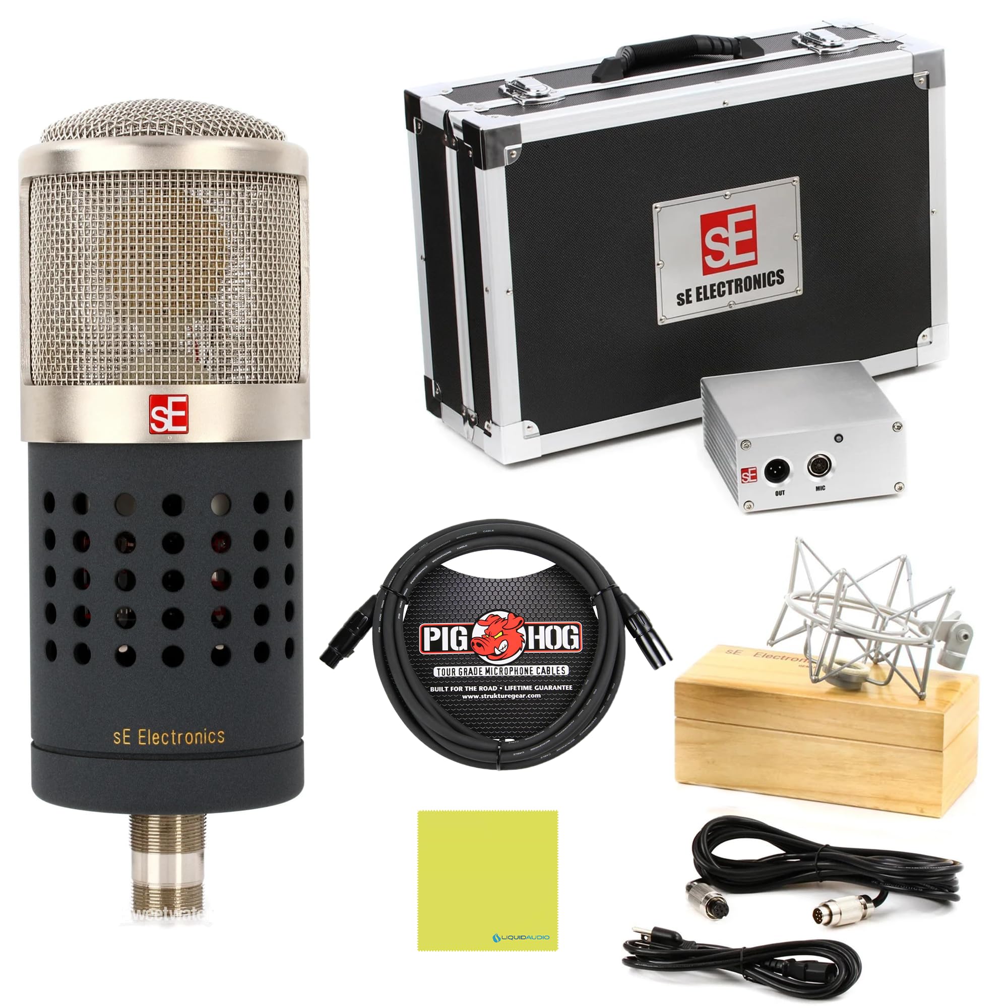 Liquid Audio sE Electronics Gemini II Large-Diaphragm Tube Condenser Microphone Bundle w/Pig Hog PHM10 8mm Mic Cable Polishing Cloth