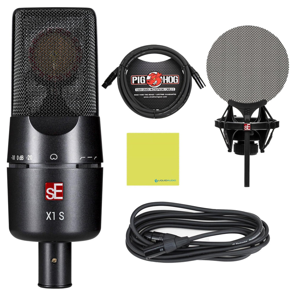 Liquid Audio sE Electronics X1 S Vocal Pack - Studio Condenser Mic with Quick-lock Shockmount and Metal Popfilter Bundle w/Pig Hog PHM10 8mm Mic Cable Polishing Cloth