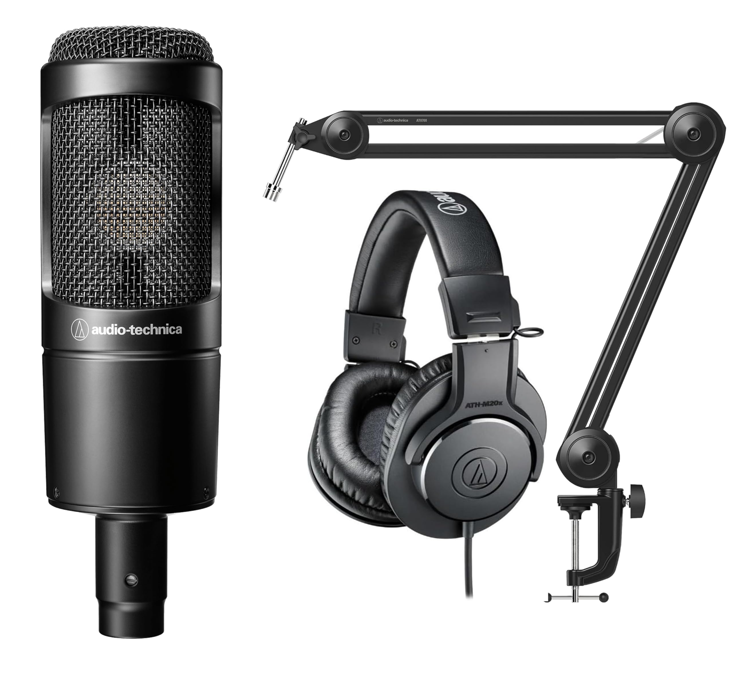 Audio-Technica AT2035 Cardioid Condenser Microphone Bundle with ATH-M20x Studio Headphones, Adjustable Boom Arm & Polishing Cloth – Professional Sound Recording Kit (Black)