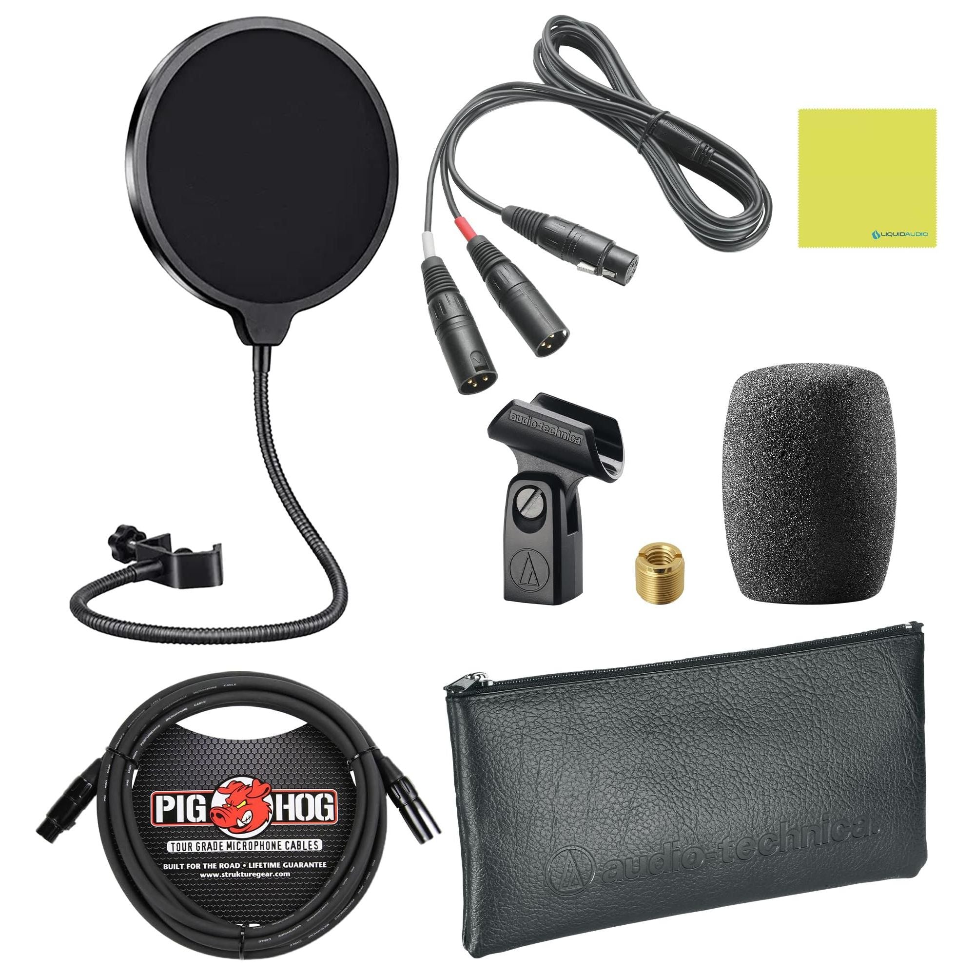 Liquid Audio Audio Technica BP4025 X/Y Stereo Field Recording Microphone Bundle w/Pig Hog PHM10 8mm XLR Mic Cable, Pop Filter Polishing Cloth