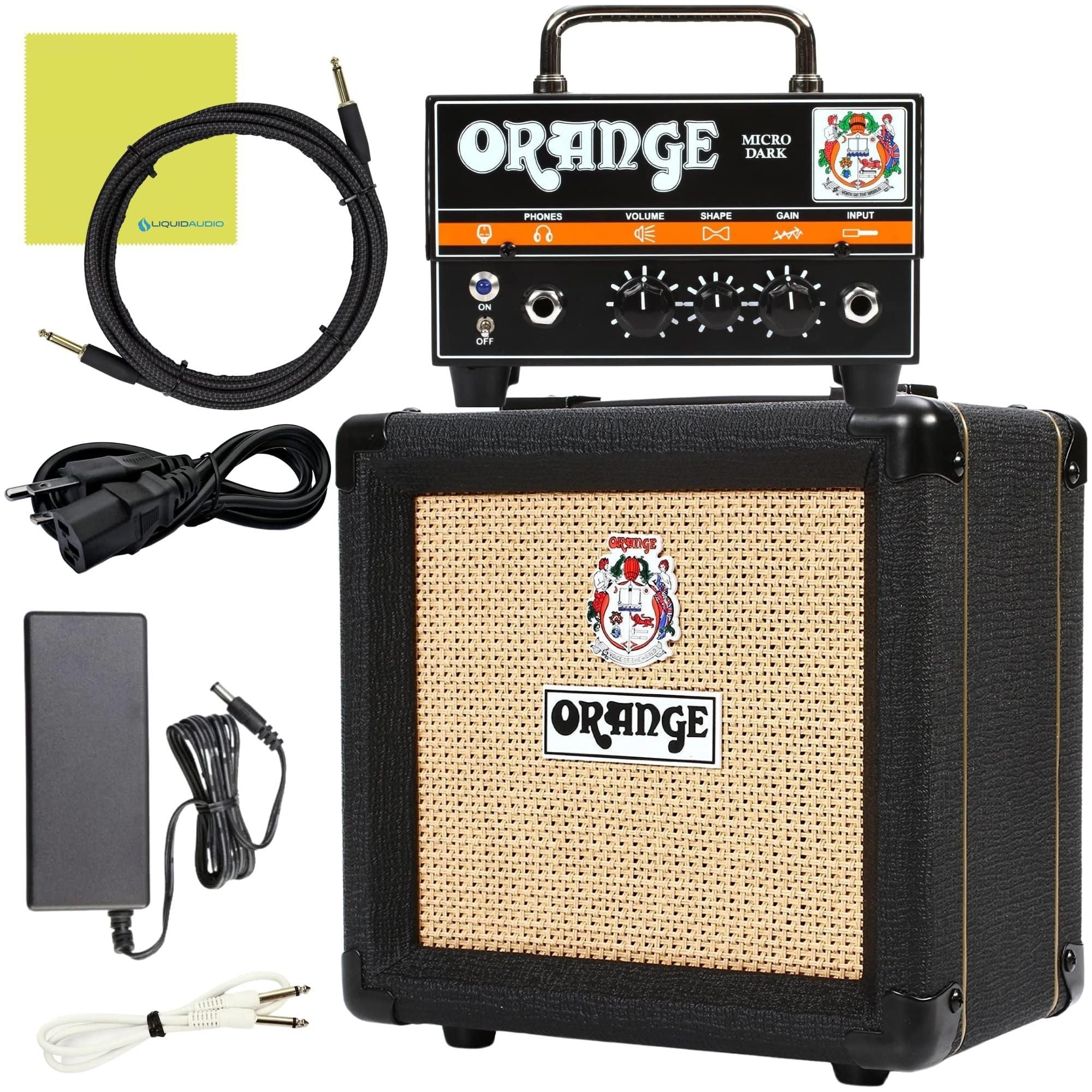 Orange Amp Micro Dark Terror MD20 Hybrid Amp Head Mini Stack Combo Bundle with PPC108 1x8 in Black Speaker Cabinet, Pig Hog Woven Guitar Cable 10ft, Speaker Cable and Liquid Audio Polishing Cloth