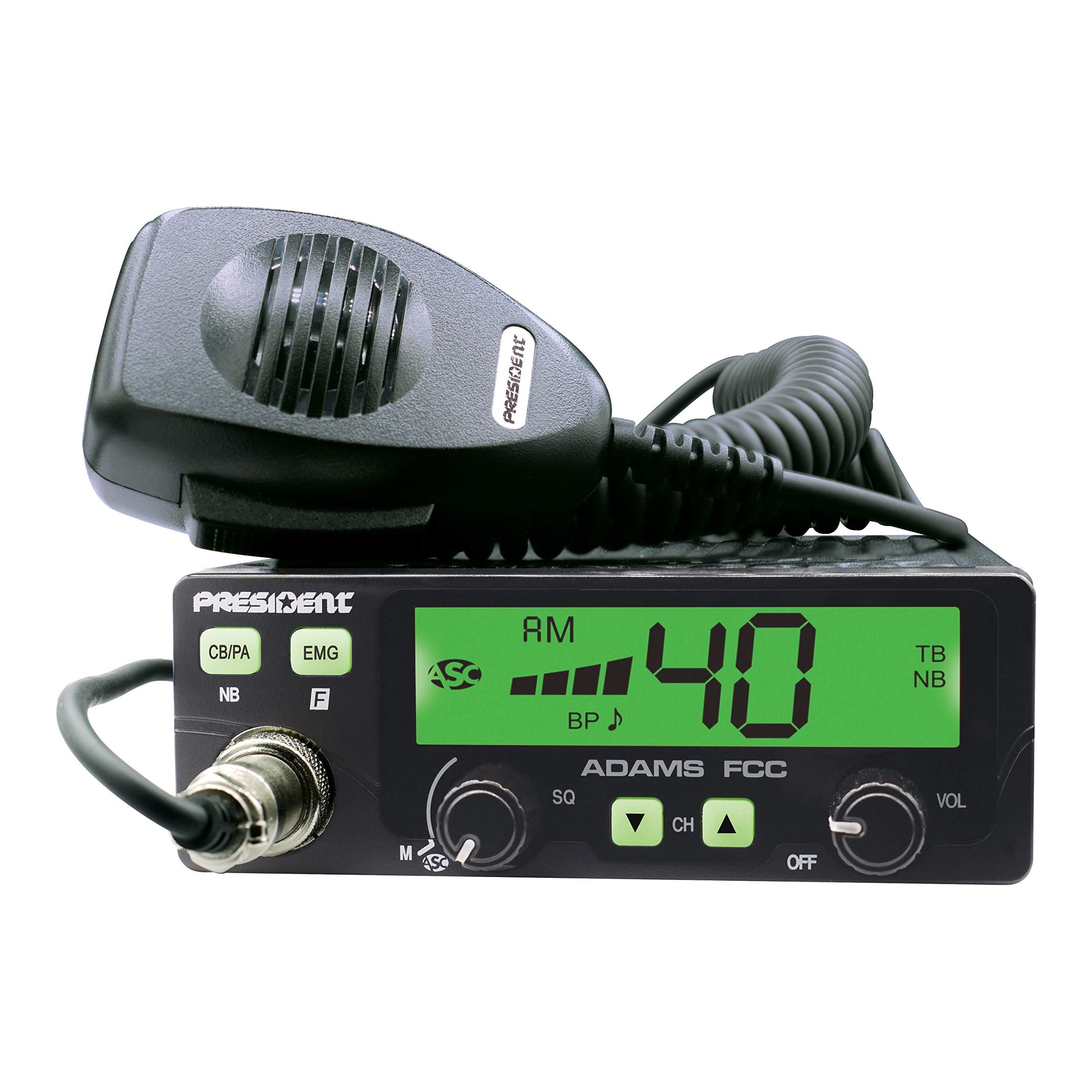 President Adams FCC CB Radio. Large LCD with 7 Colors, Programmable EMG Channel Shortcuts, Roger Beep and Key Beep, Electret or Dynamic Mic, ASC and Manual Squelch, Talkback