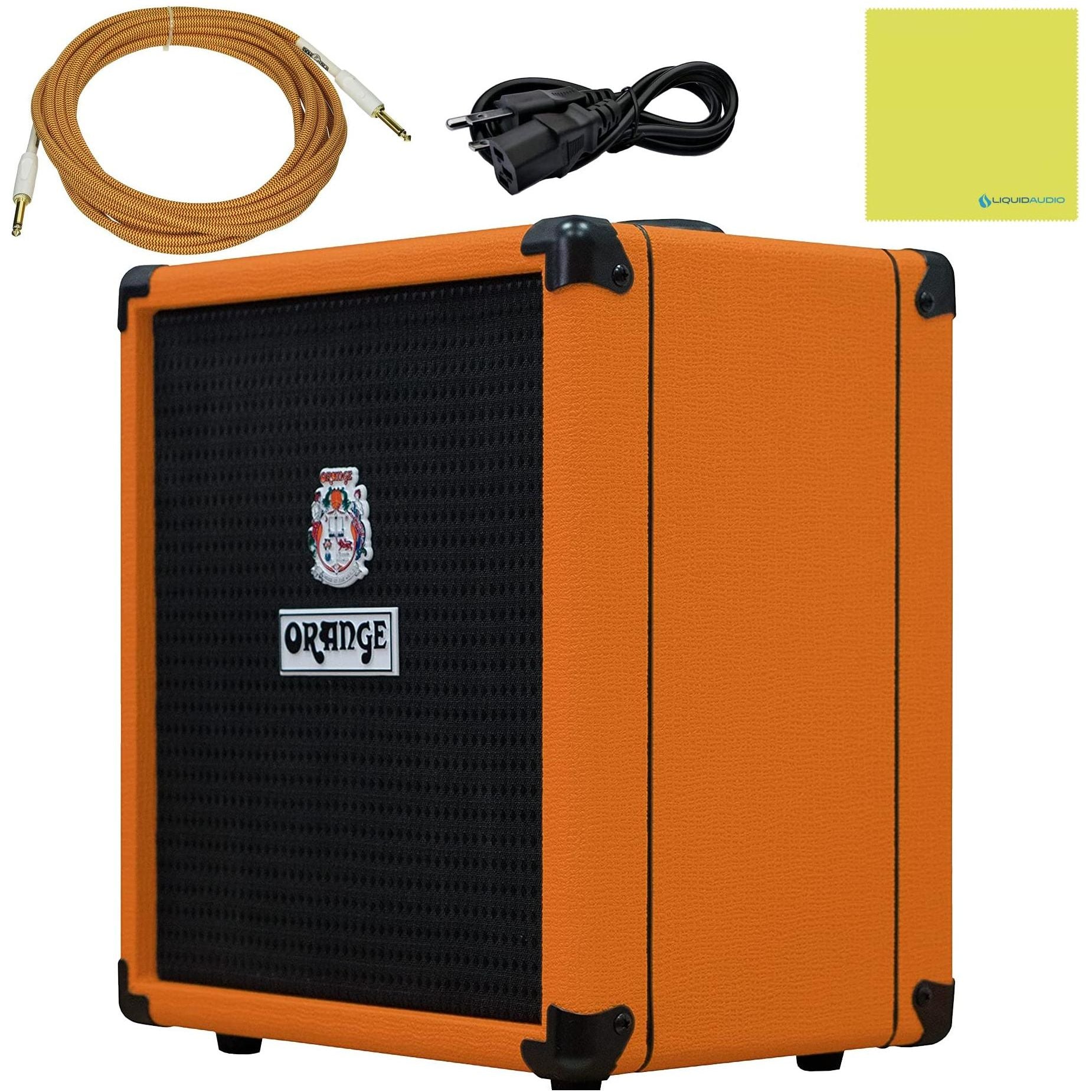 Orange Crush Bass 25 Guitar Combo Amp Bundle with 10ft Orange Woven Instrument Cable and Liquid Audio Polishing Cloth 1x8” 25 Watts, 3 Band EQ & Integrated Chromatic Tuner