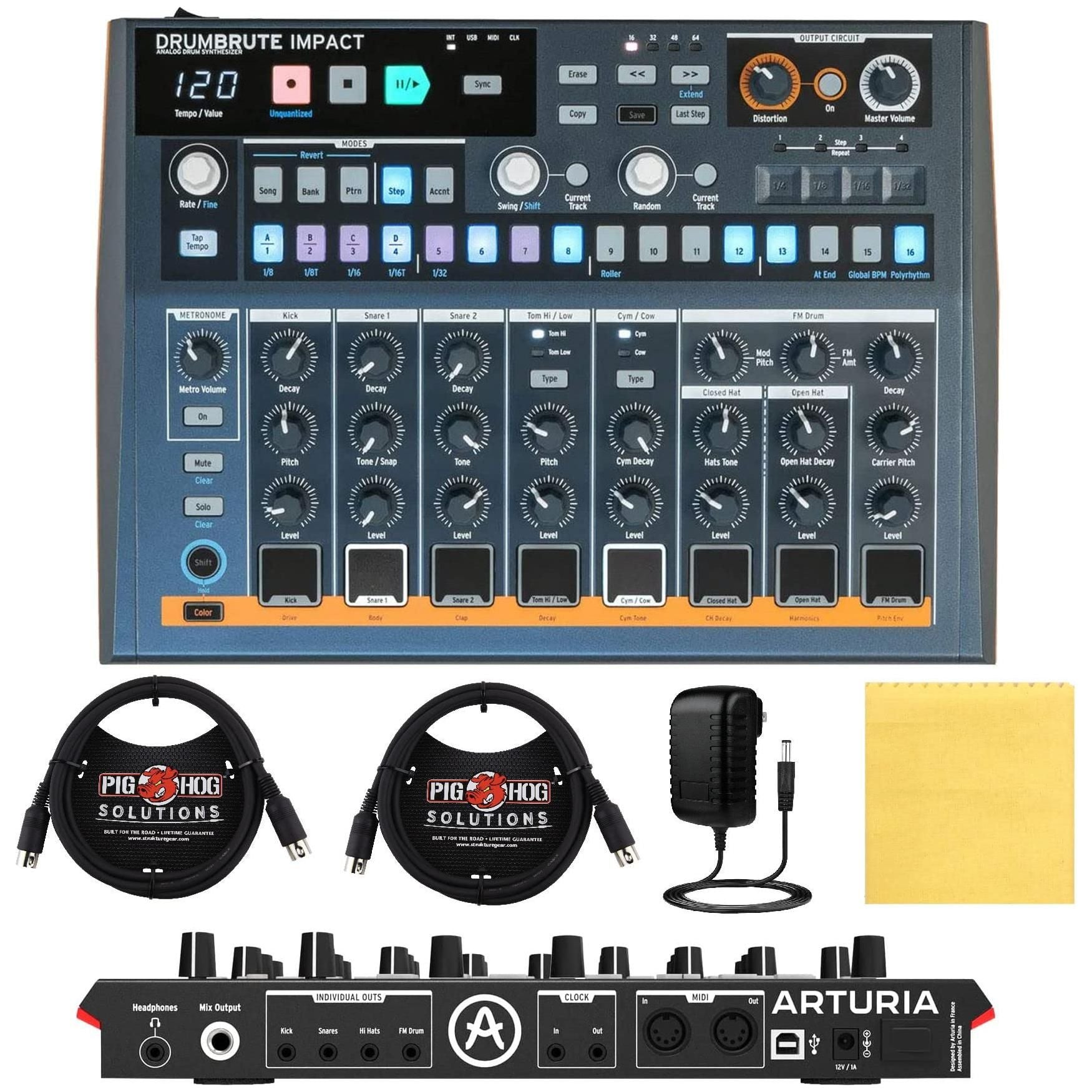 Arturia DrumBrute Impact Analog Drum Machine BUNDLE with 2x Pig Hog MIDI Cable 6ft, Power Supply, and Polishing Cloth