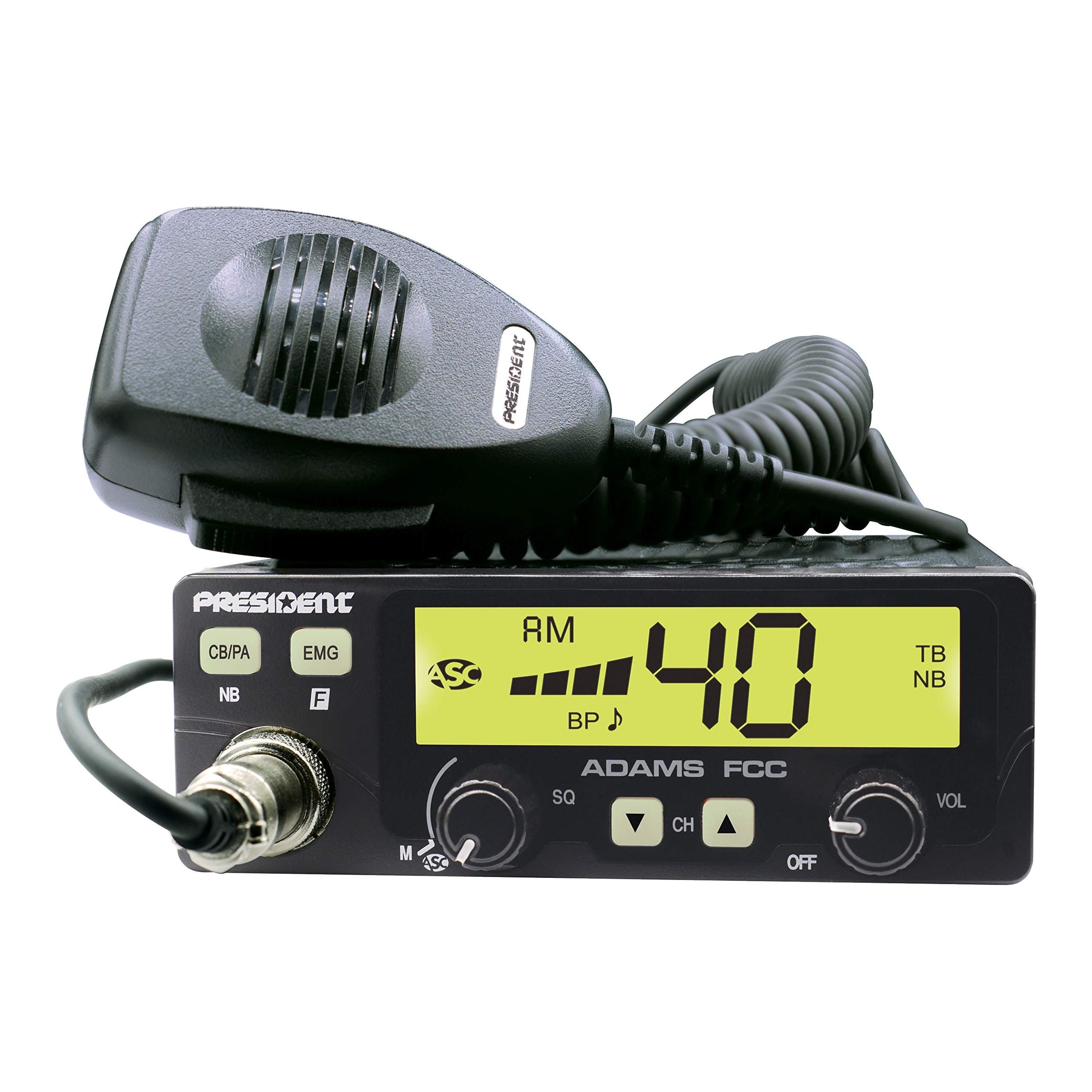 President Adams FCC CB Radio. Large LCD with 7 Colors, Programmable EMG Channel Shortcuts, Roger Beep and Key Beep, Electret or Dynamic Mic, ASC and Manual Squelch, Talkback