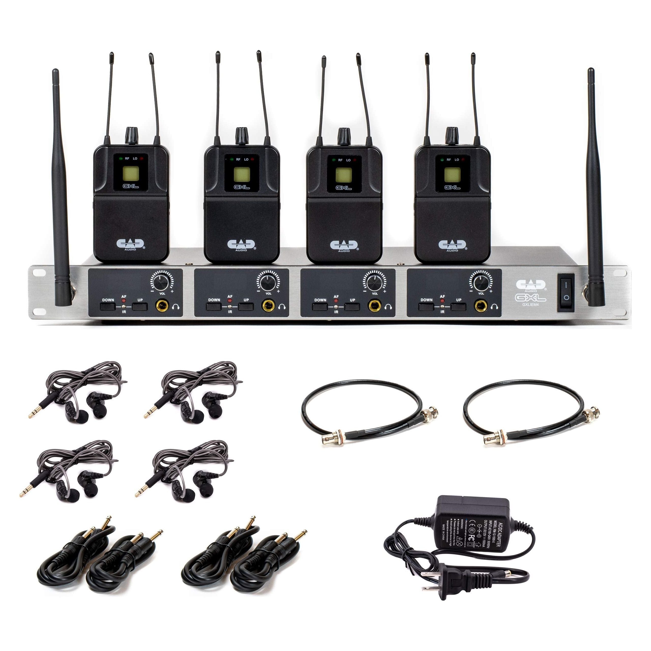 CAD Audio GXLIEM4 Frequency Agile Wireless In Ear Monitor System -Four discrete mixes - includes 4 MEB1 Earbuds, 4 Bodypack Receivers, Rack Mount Ears and Antenna Relocation Kit ,Black