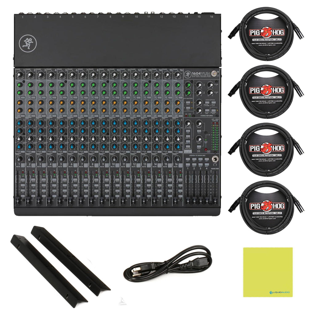 Mackie 1604VLZ4 16-Channel 4-Bus Compact Analog Mixer Bundle w/ 4-Pack Pig Hog PHM10 8mm Mic Cable and Liquid Audio Polishing Cloth