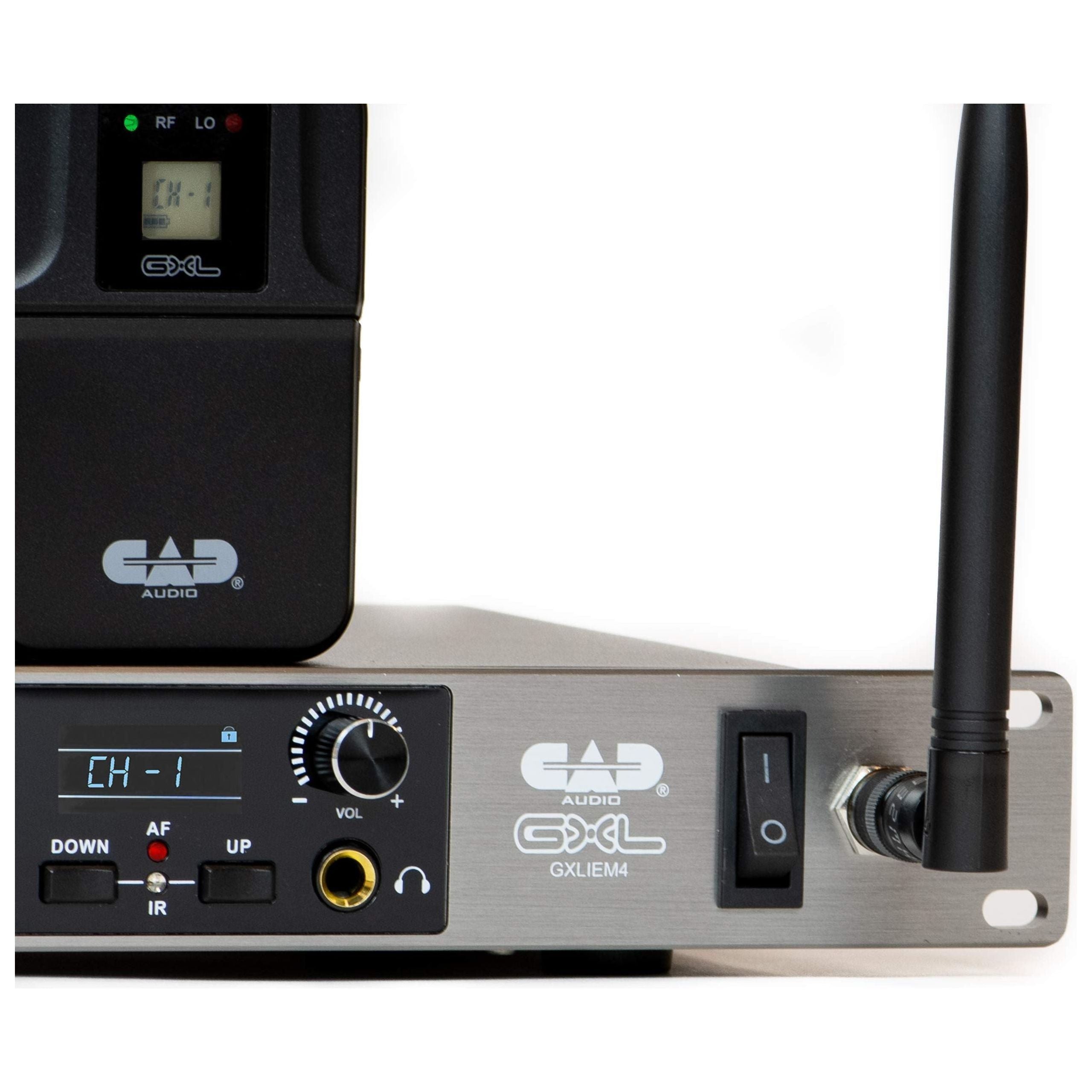 CAD Audio GXLIEM4 Frequency Agile Wireless In Ear Monitor System -Four discrete mixes - includes 4 MEB1 Earbuds, 4 Bodypack Receivers, Rack Mount Ears and Antenna Relocation Kit ,Black