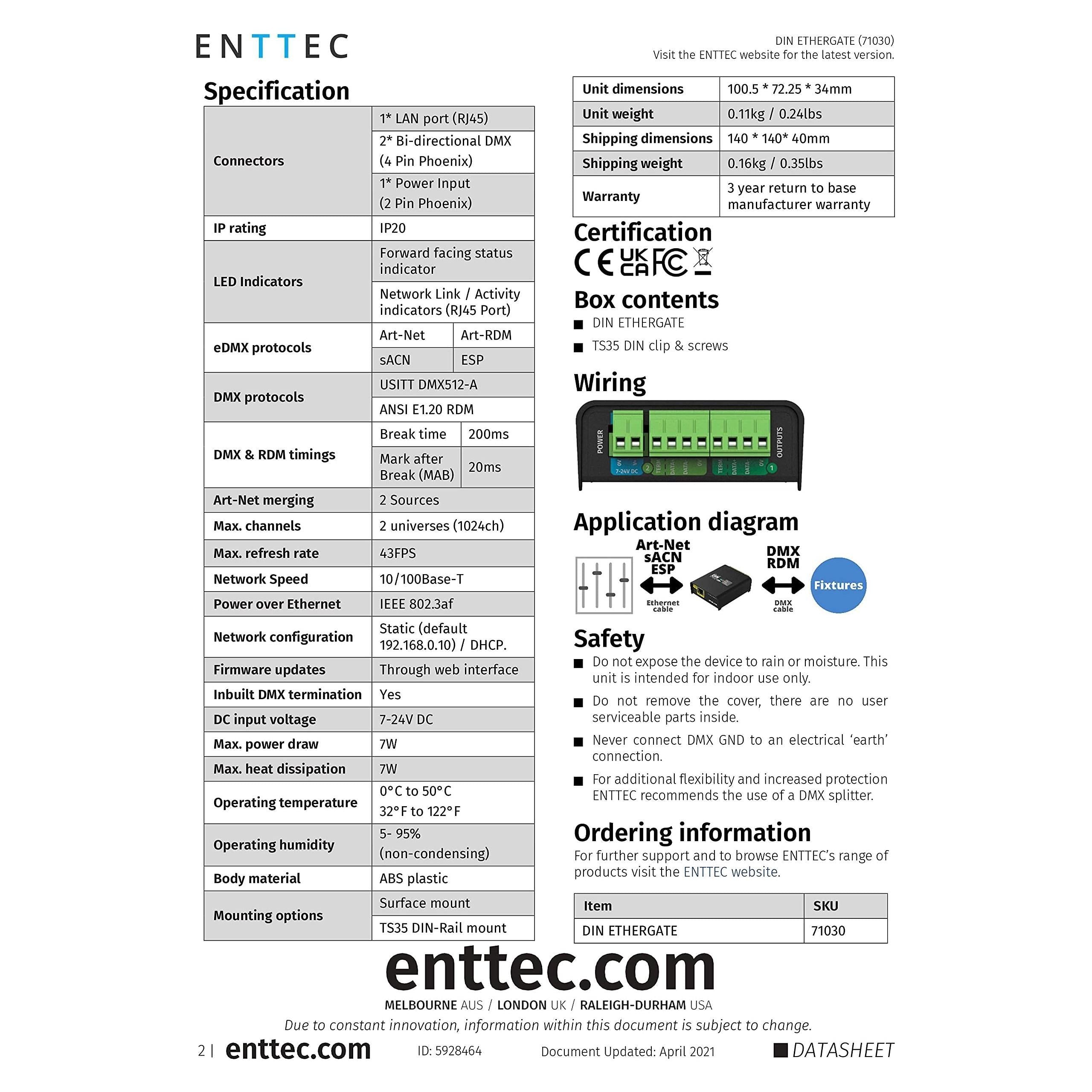 ENTTEC DIN Ethergate POE 71030 2 Universe Ethernet to Dual DMX RDM Converter, Black