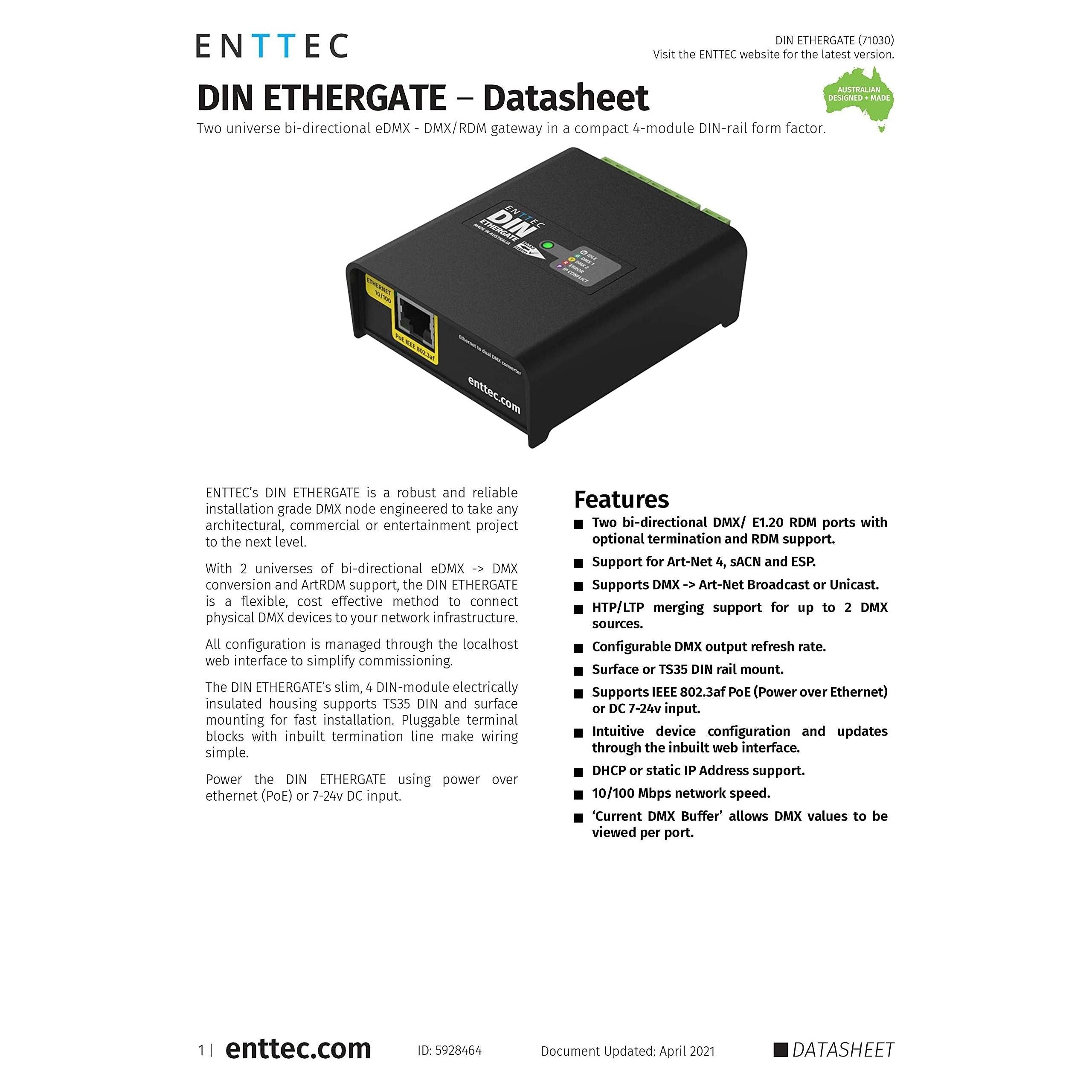 ENTTEC DIN Ethergate POE 71030 2 Universe Ethernet to Dual DMX RDM Converter, Black