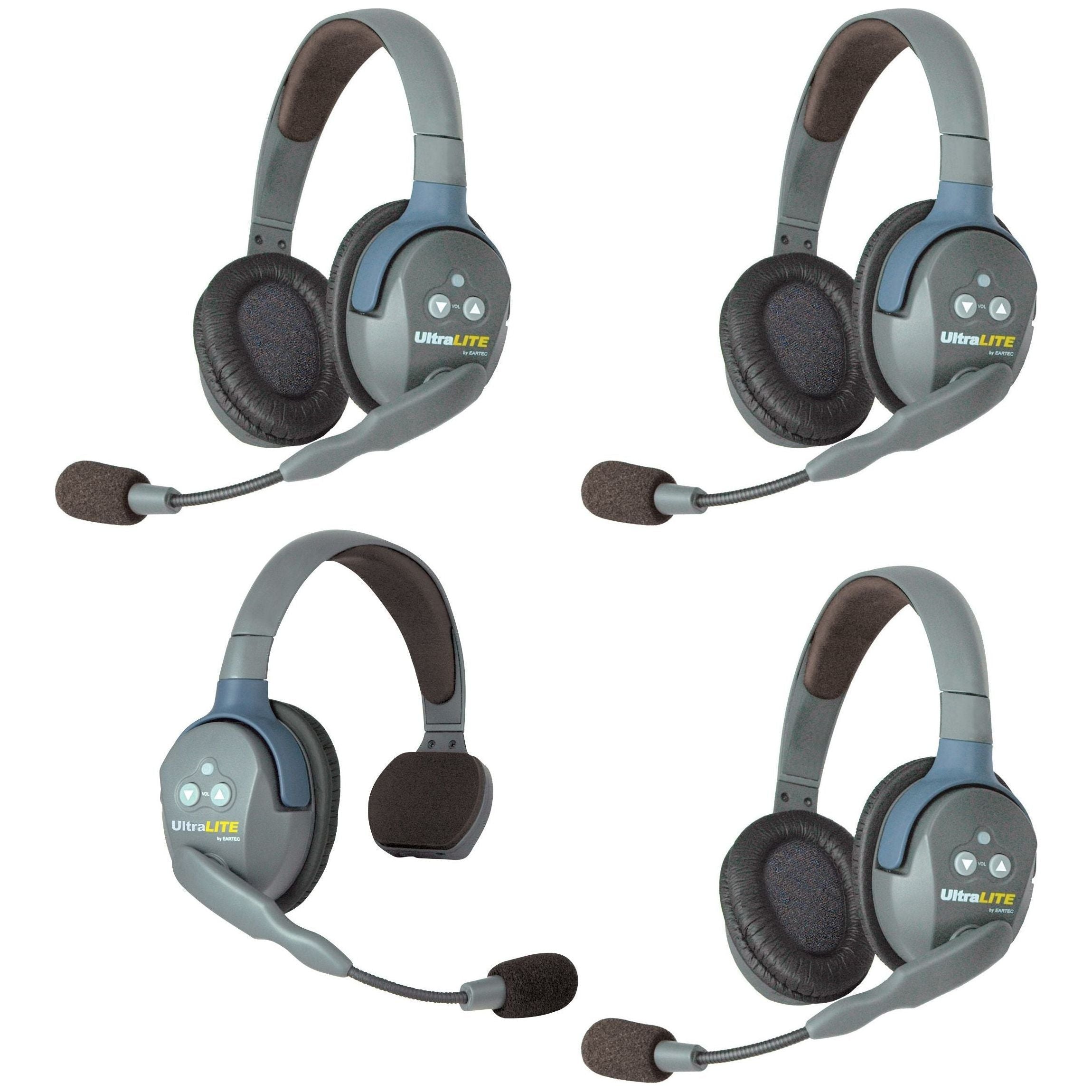 Eartec UL413 UltraLITE Full Duplex Wireless Headset Communication for 4 Users - 1 Single Ear and 3 Dual Ear Headsets