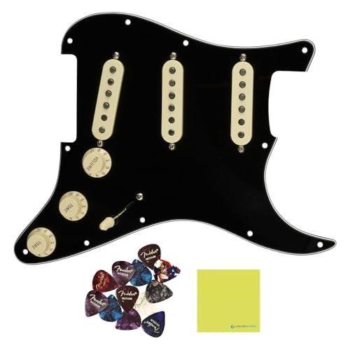 Fender Pre-Wired Strat® Pickguard, Original '57/'62 SSS, Black Bundle w/12x Guitar Picks and Liquid Audio Polishing Cloth