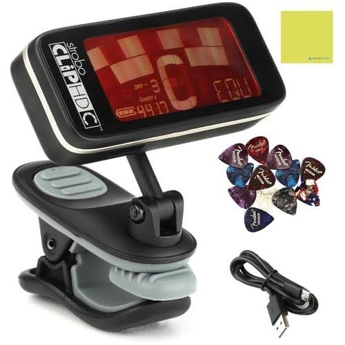 Peterson Tuners StroboClip HDC Clip-On Strobe Tuner (Color Display, 2024 Rechargeable Version) Bundle w/ 12-Pack Guitar Picks & Liquid Audio Polishing Cloth