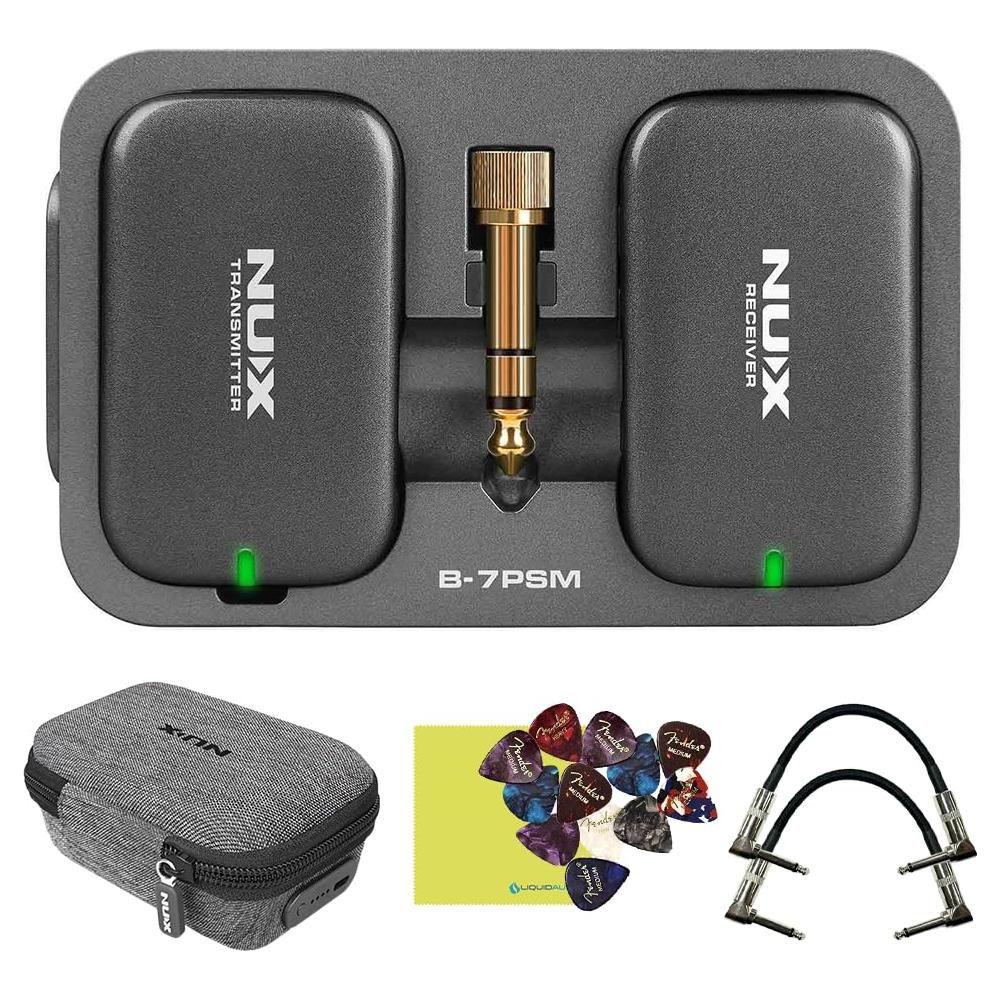 Liquid Audio NUX B-7PSM 5.8 GHz Wireless in-Ear Monitoring System Bundle w/ 2X Strukture S6P48 Woven Right Angle Patch Cables, 12x Picks Polishing Cloth